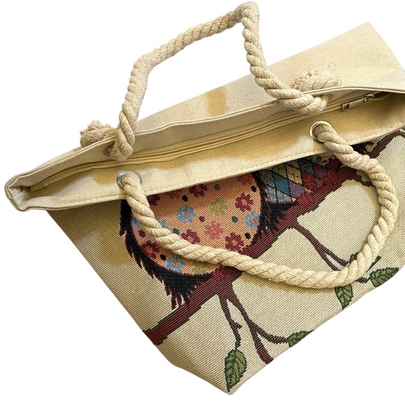 Graphic Owl Couple Tote Bag Thick Rope Handles Cream Backside 15.5”x 17”x 3.5” - Picture 3 of 9